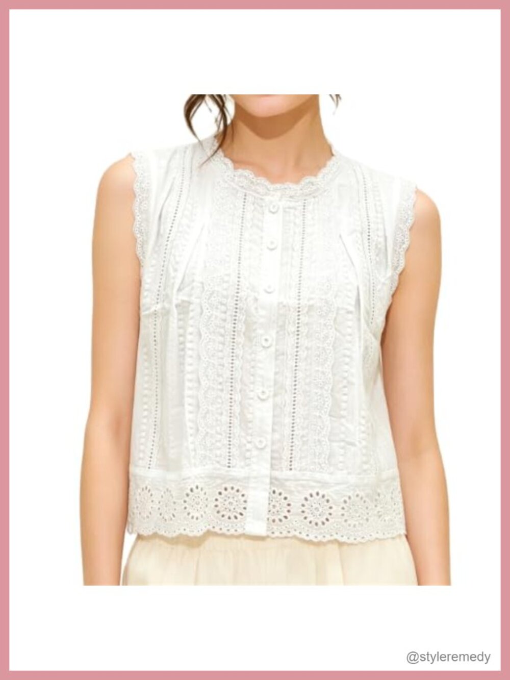 Women Eyelet Tank Top Peplum Scallop Trim Button Down Relax Fit Summer